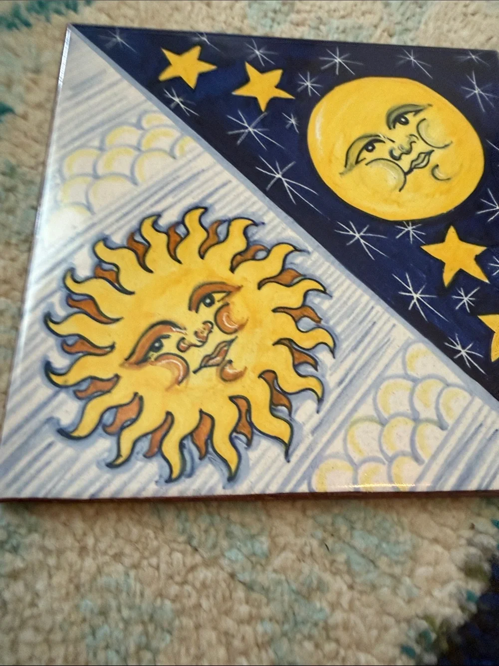 Vintage Cotto Petrus Italian Tile/Trivet - Yellow and Navy celestial
